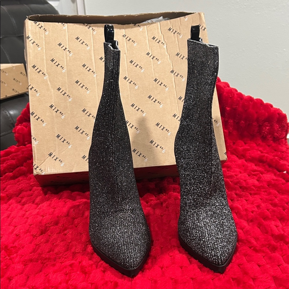 Mix No. 6 Black Sparkle Heeled Boots Black & Silver.